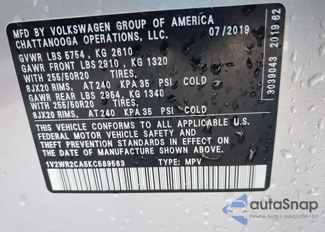 2019 Volkswagen Atlas 3.6L V6 Se W/Technology from USA, damaged, VIN 1V2WR2CA5KC589563